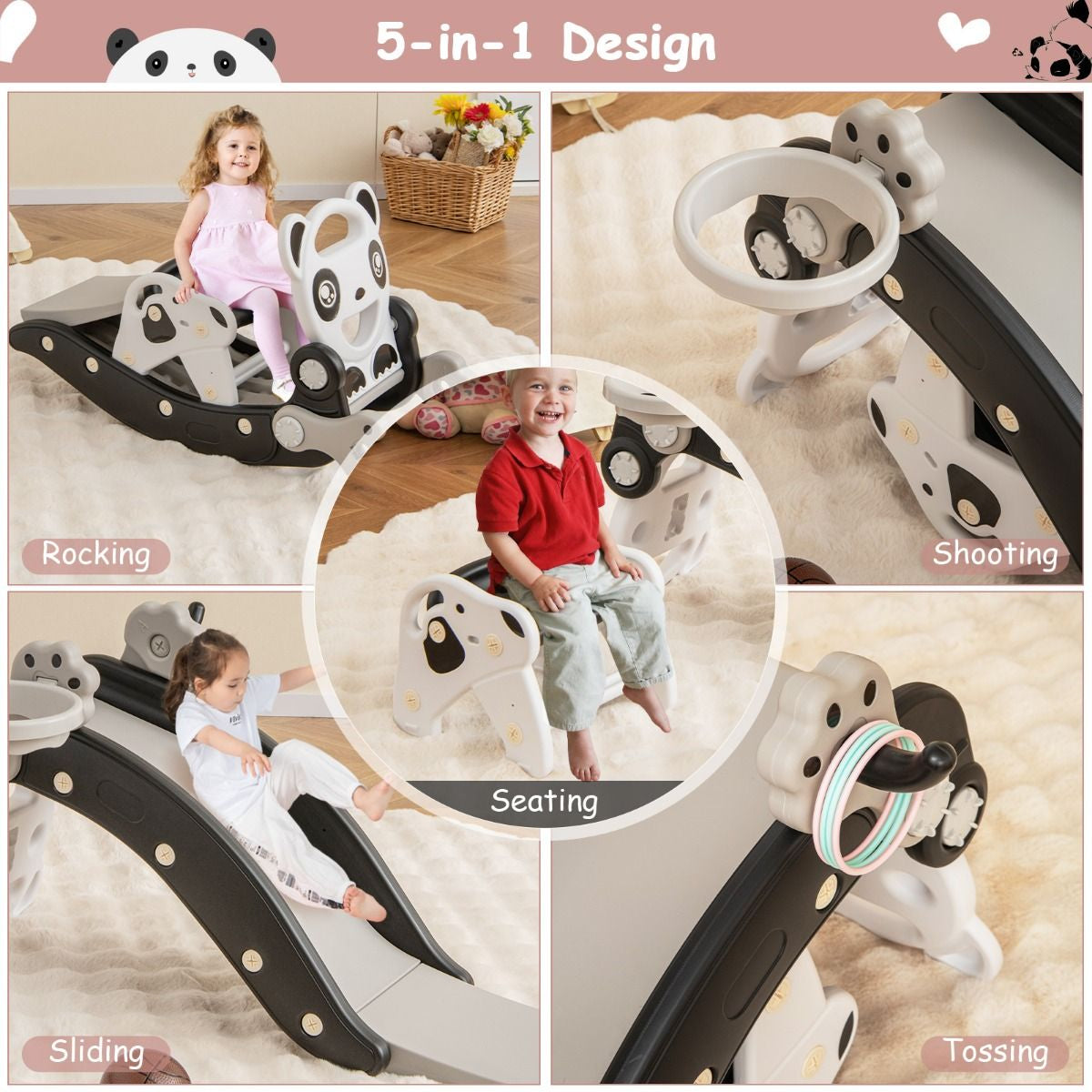 Children's Rocking Horse and Slide Set with Basketball and Ring Toss Game