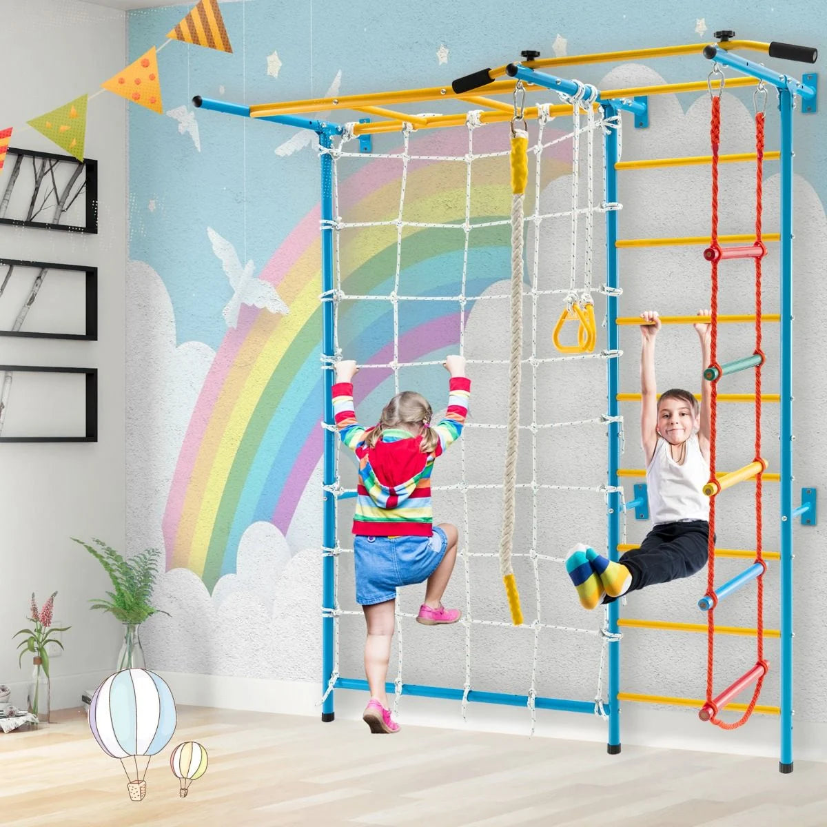 Metal Swedish Wall Bars for Children with Gym Rings and Climbing Net