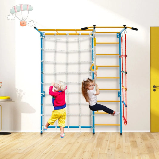 Metal Swedish Wall Bars for Children with Gym Rings and Climbing Net