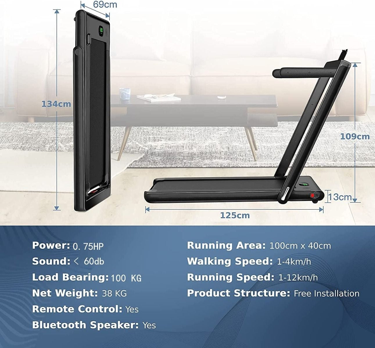 1-12Kph Folding Electric Treadmill with Bluetooth Capability