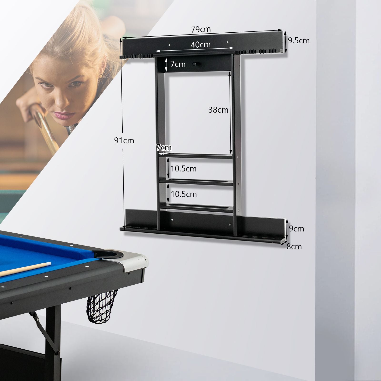 Wall-Mounted Billiard Cue Rack for Pool Sticks