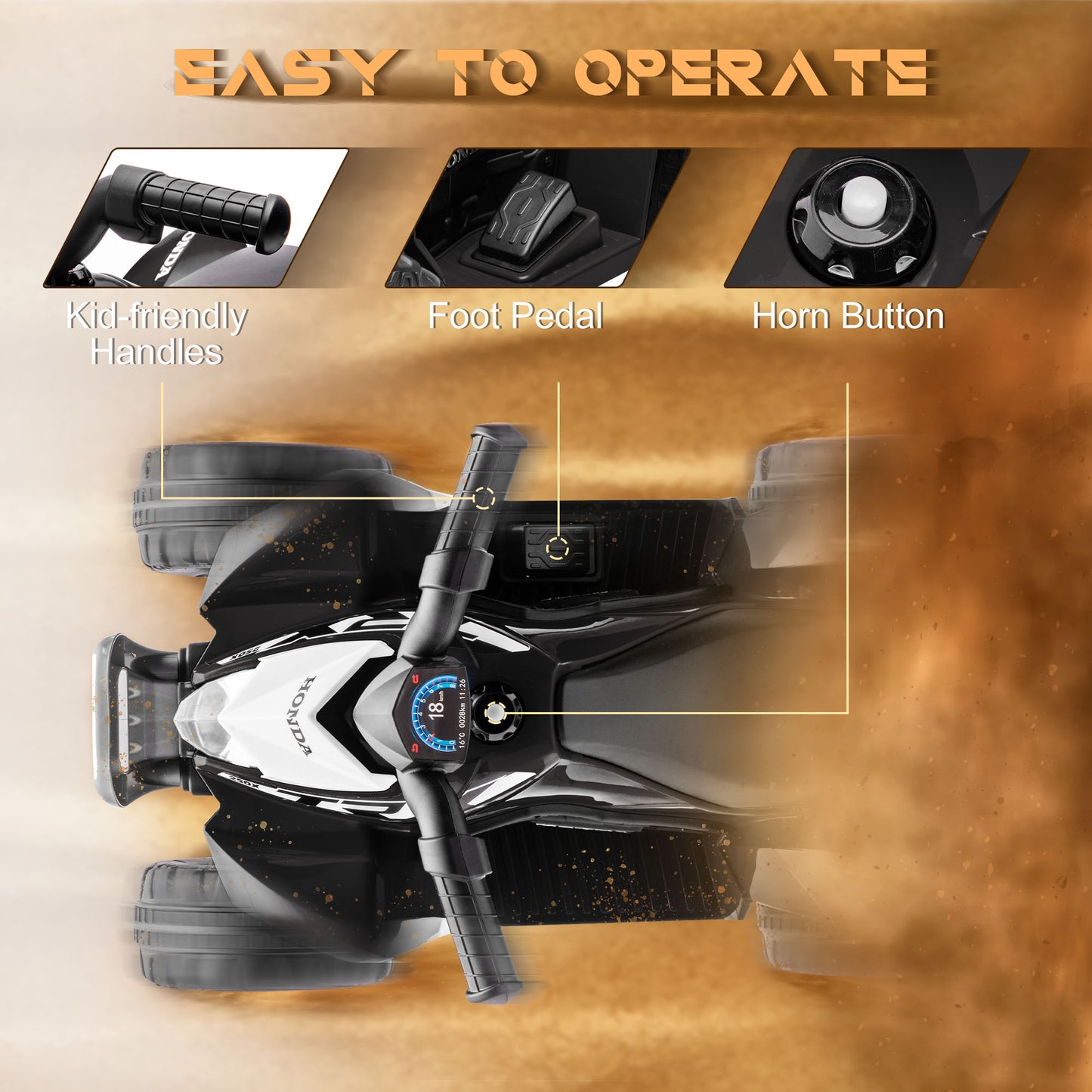 Honda Licensed 6V Kids Electric Quad Bike Ride-On ATV – Black (Ages 1.5-3)