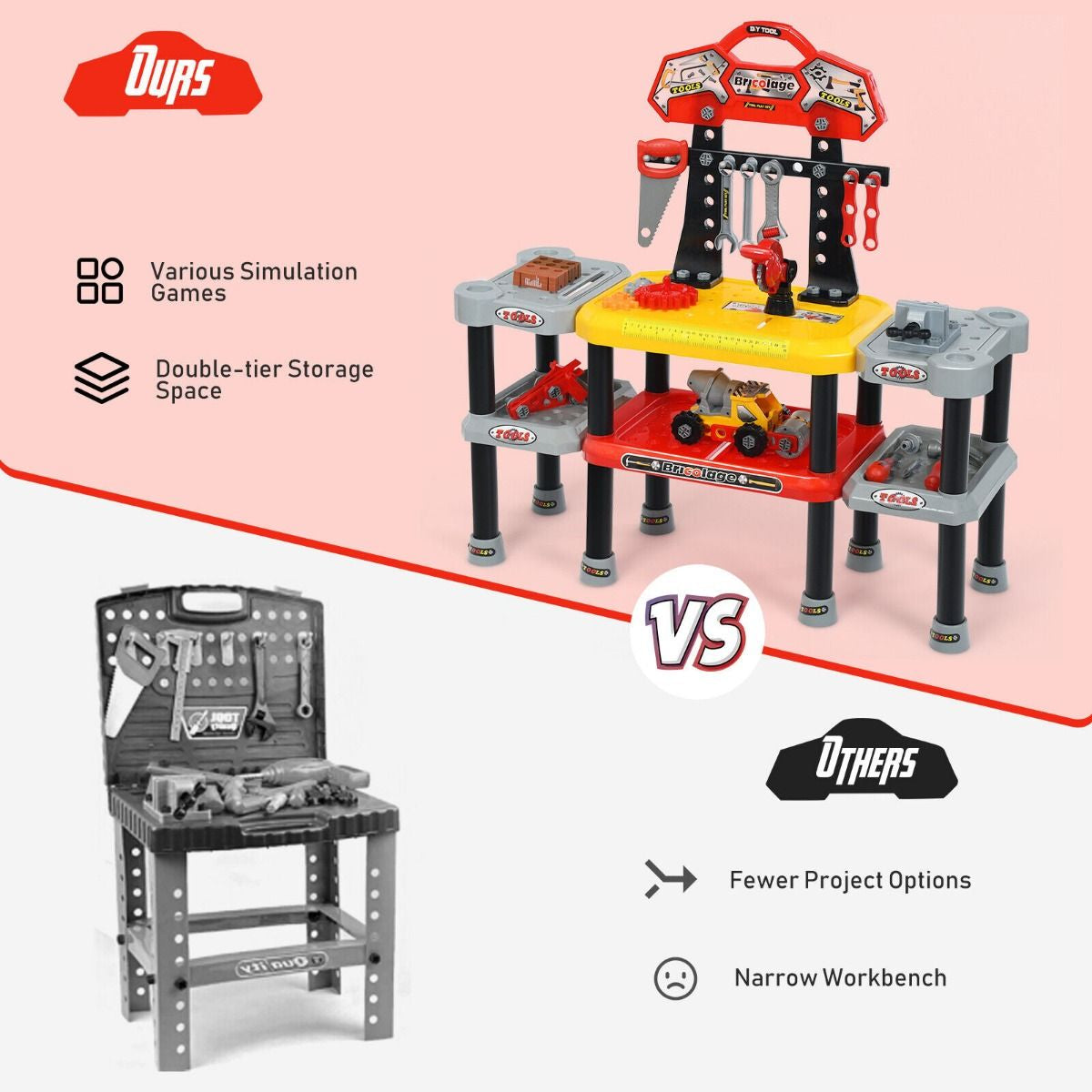 121-Piece Children's Pretend Play Tool Set with Double-Tier Workbench and Construction Accessories