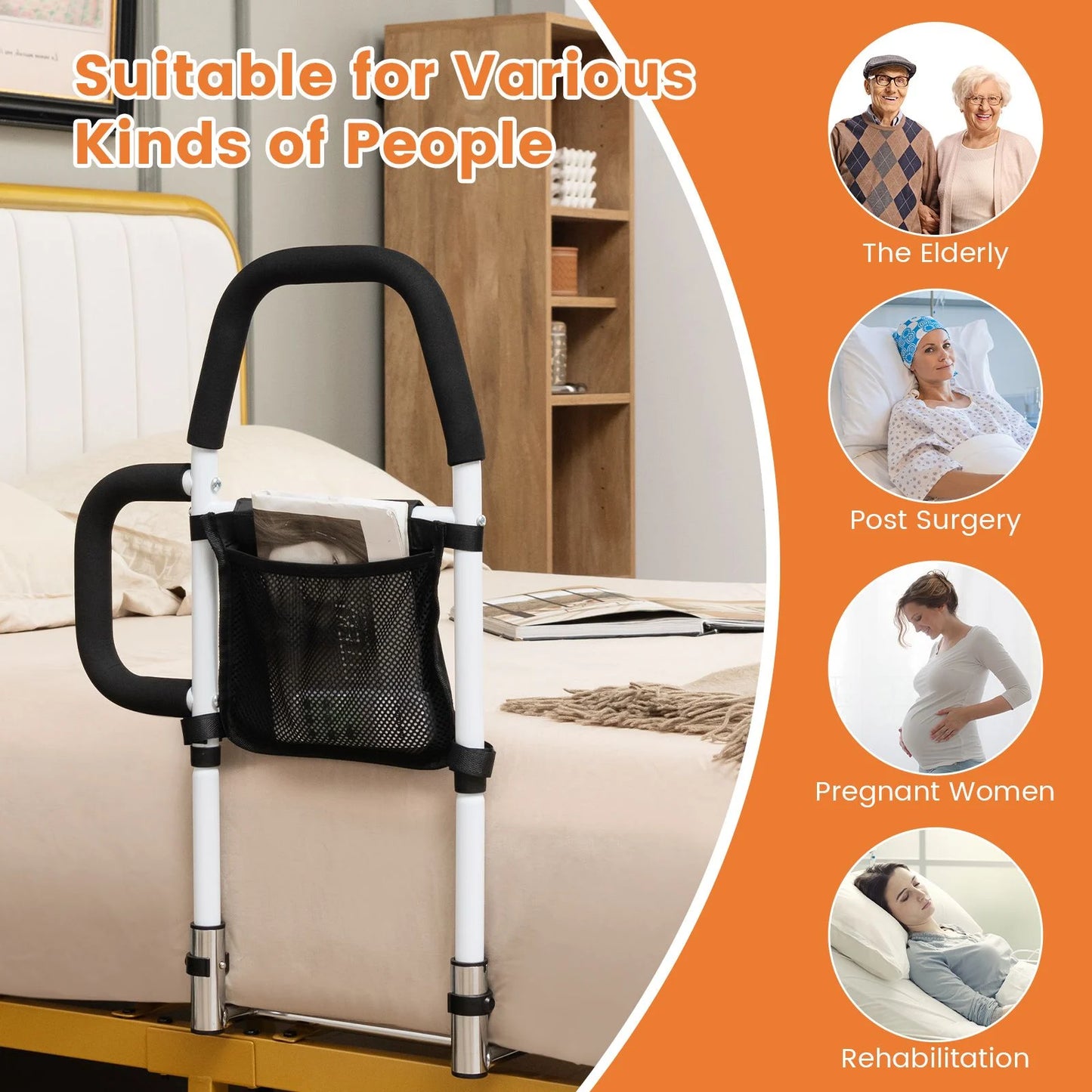 Dual Handrail Bed Rail for Elderly Support, Accommodates up to 300 lbs