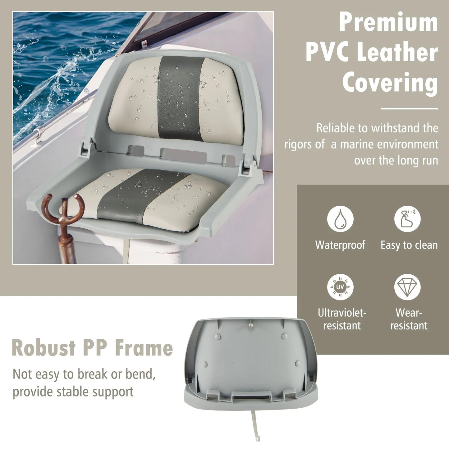 Folding Low Back Boat Seat with Mounting Hardware for Fishing Applications