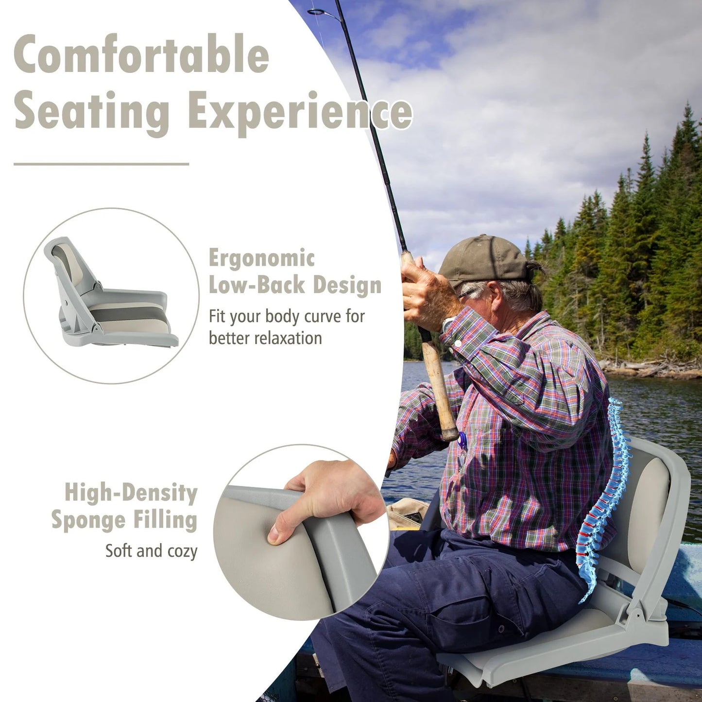 Folding Low Back Boat Seat with Mounting Hardware for Fishing Applications