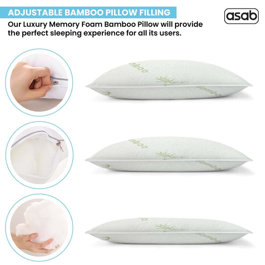 Pack of 2 – Bamboo Memory Foam Pillows with Removable Cooling Covers | Hypoallergenic & Orthopaedic Support - All Round Fitness