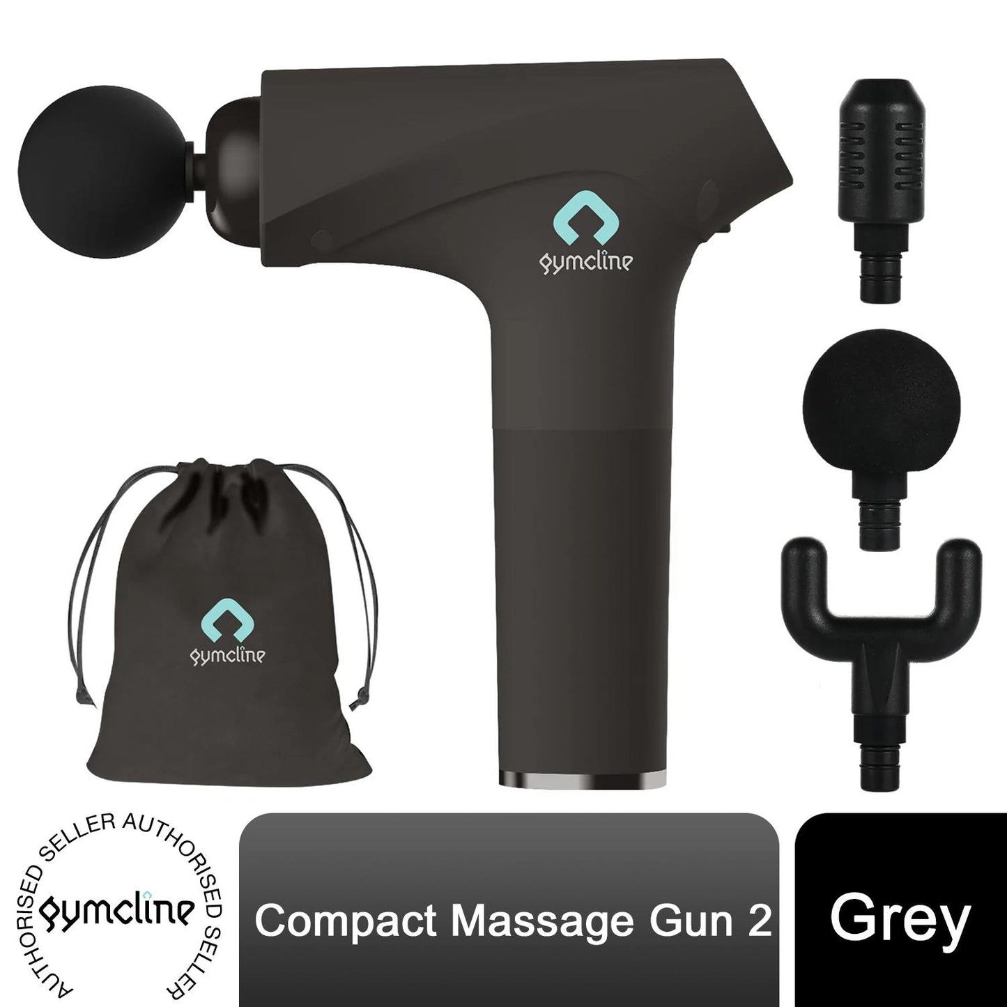Gymcline Compact Massage Gun with 1500mAh Battery, 3 Speed Modes & 3 Massage Heads – Grey