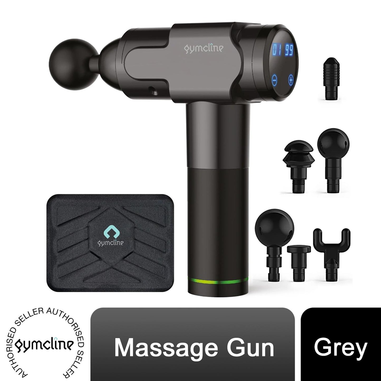 Gymcline Massage Gun with 6 Heads, 20 Speed Modes, LCD Touch Screen & 2500mAh Battery – Grey