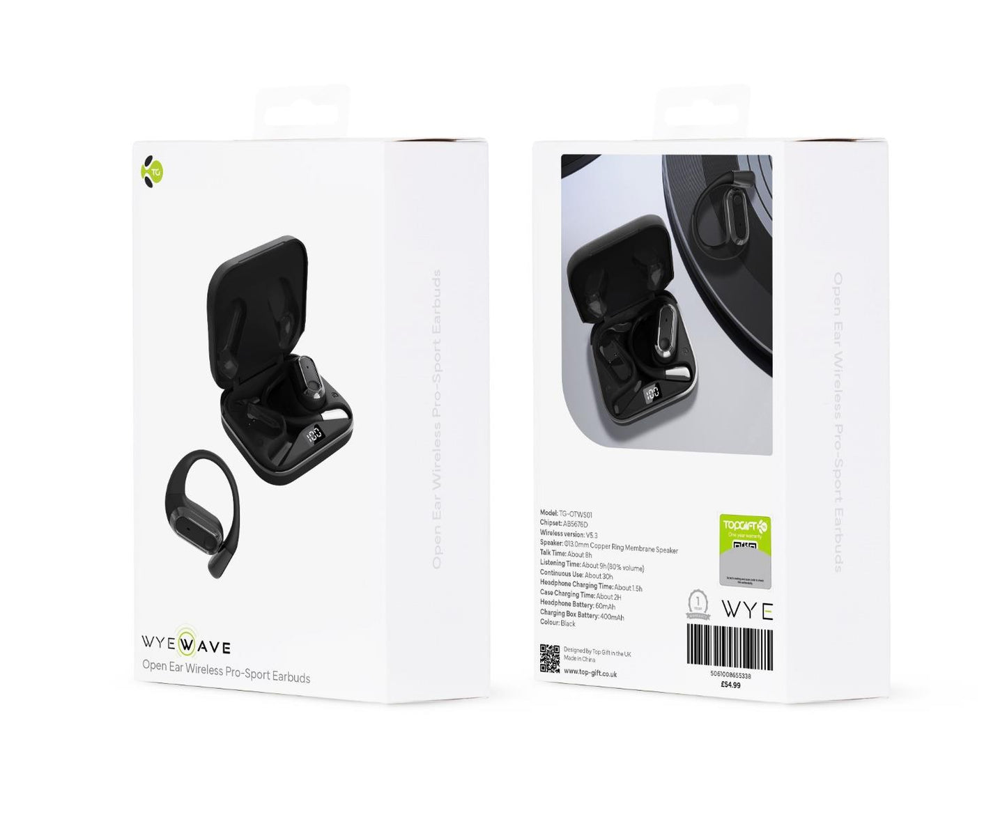 WYEWAVE Open Ear Wireless Pro-Sport Earbuds w/ 30H Playtime & Charging Case – Black