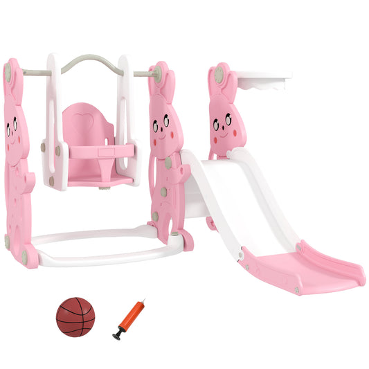 AIYAPLAY 4-in-1 Rabbit-Themed Playground Set – Slide, Swing, Climber & Basketball Hoop