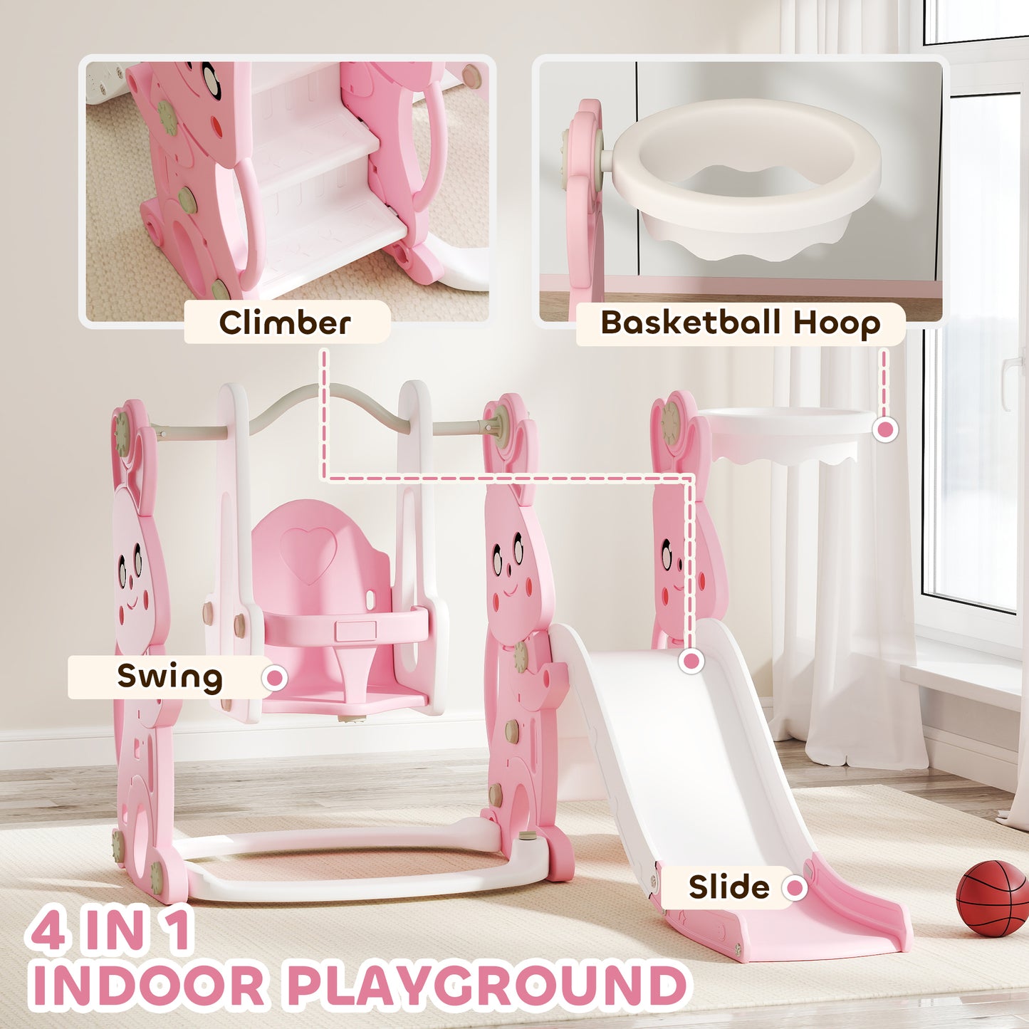AIYAPLAY 4-in-1 Rabbit-Themed Playground Set – Slide, Swing, Climber & Basketball Hoop