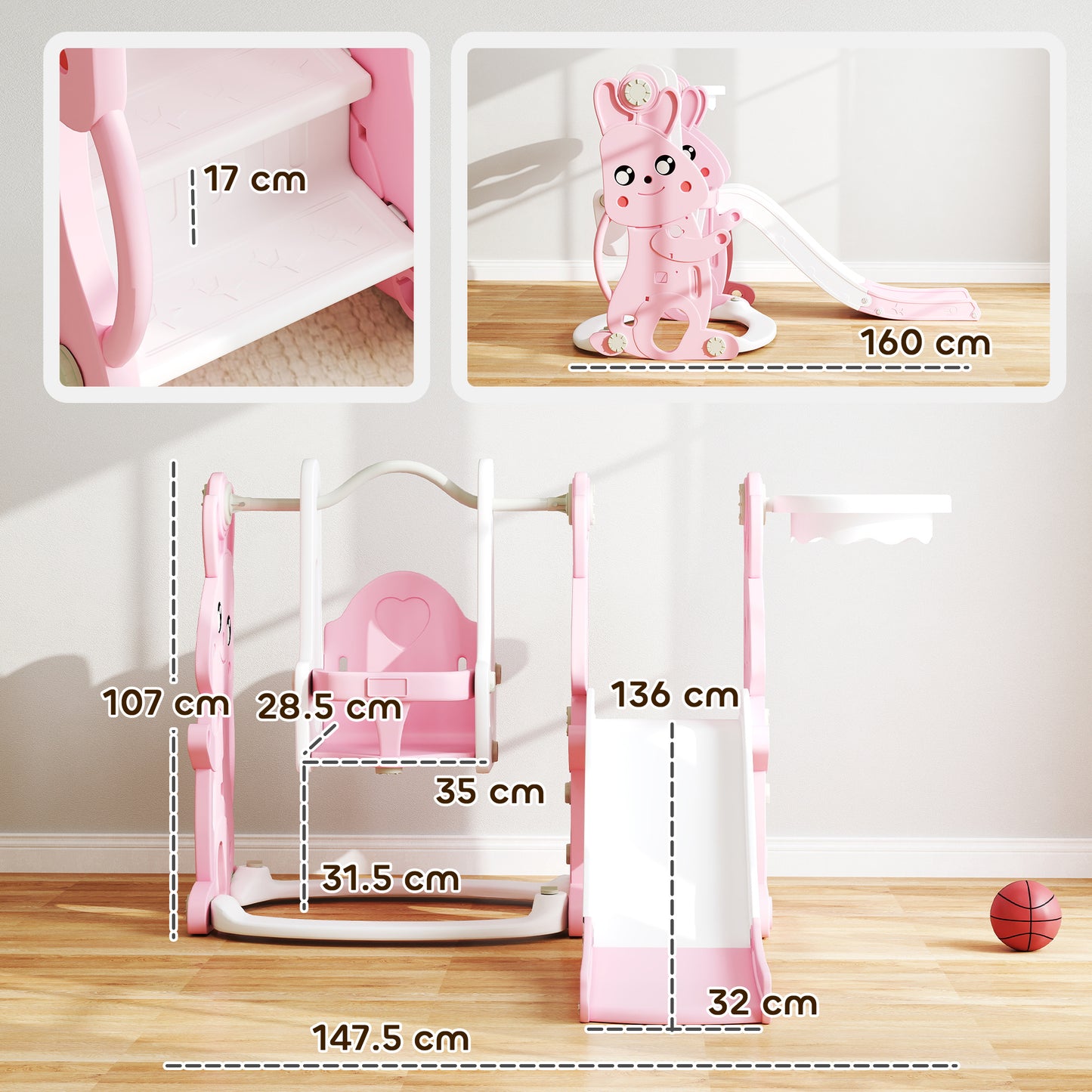 AIYAPLAY 4-in-1 Rabbit-Themed Playground Set – Slide, Swing, Climber & Basketball Hoop