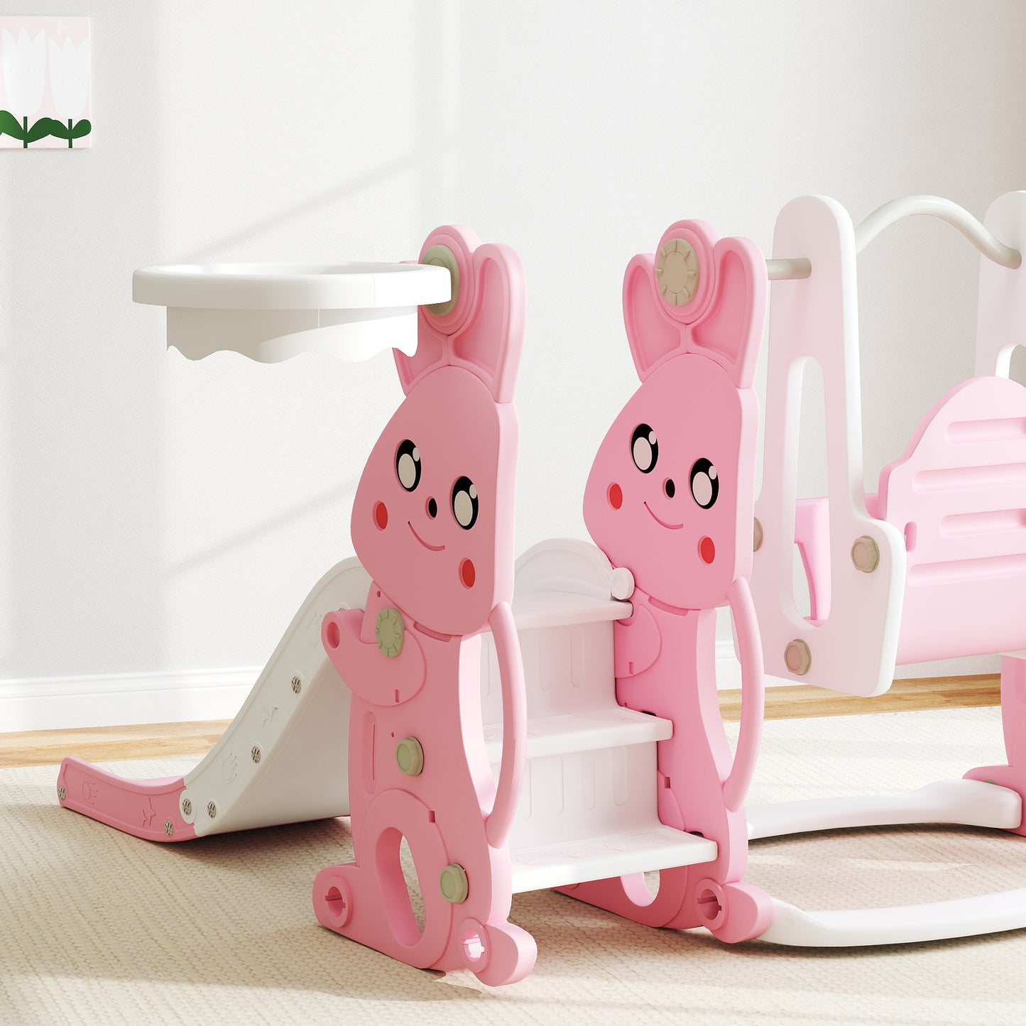 AIYAPLAY 4-in-1 Rabbit-Themed Playground Set – Slide, Swing, Climber & Basketball Hoop