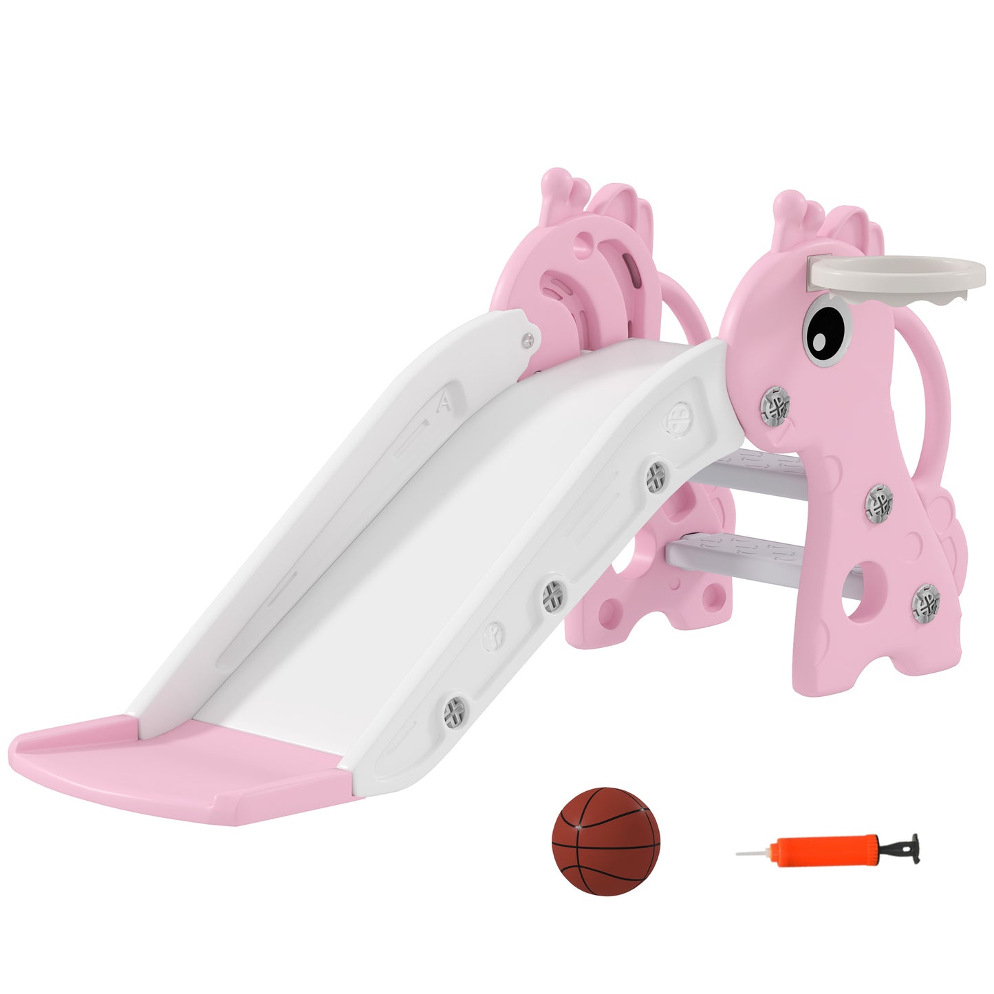 AIYAPLAY 3-in-1 Giraffe Kids Slide with Climber, Basketball Hoop & Ball – Pink