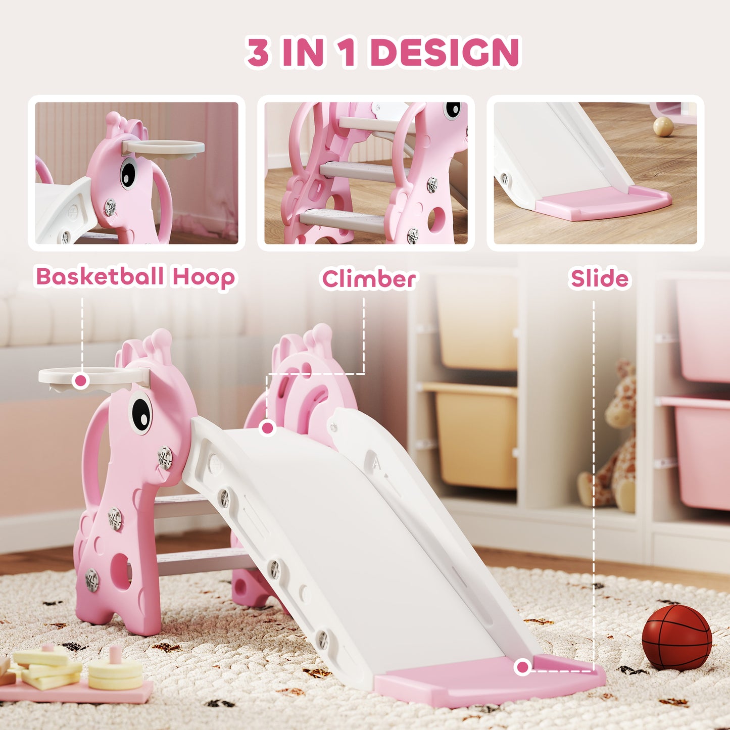 AIYAPLAY 3-in-1 Giraffe Kids Slide with Climber, Basketball Hoop & Ball – Pink