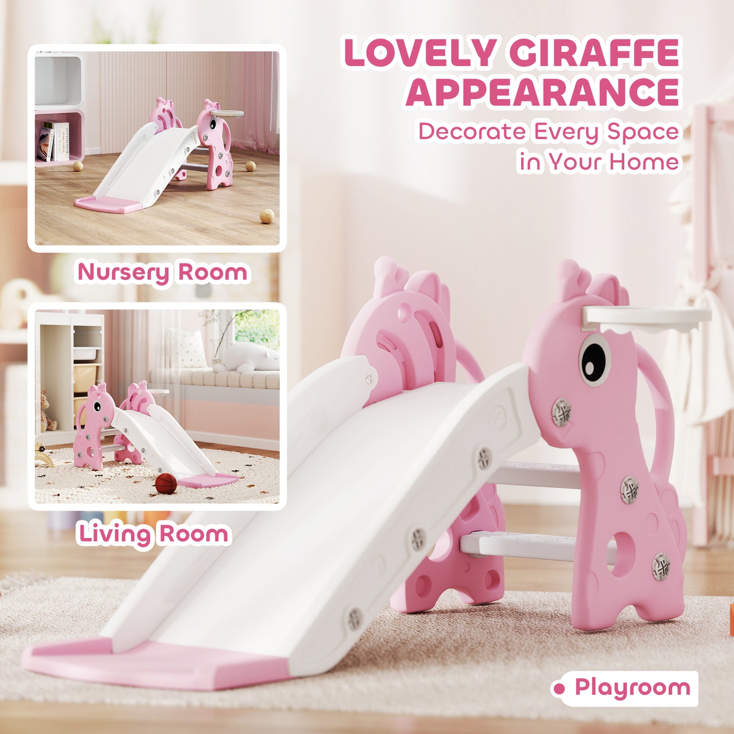 AIYAPLAY 3-in-1 Giraffe Kids Slide with Climber, Basketball Hoop & Ball – Pink