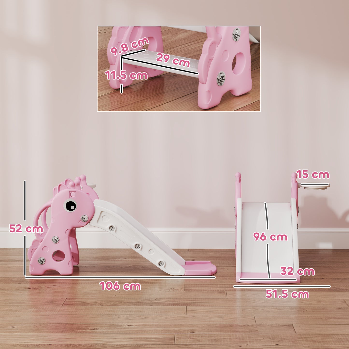 AIYAPLAY 3-in-1 Giraffe Kids Slide with Climber, Basketball Hoop & Ball – Pink