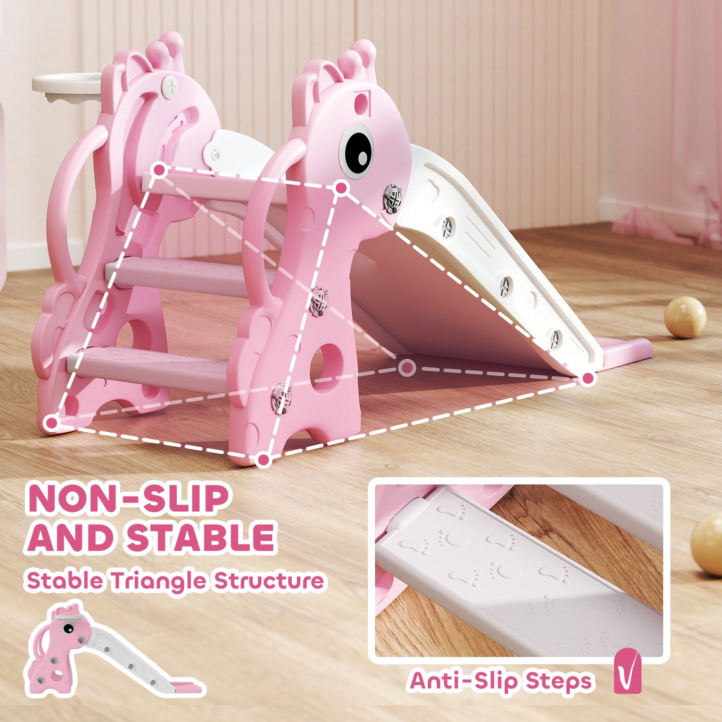 AIYAPLAY 3-in-1 Giraffe Kids Slide with Climber, Basketball Hoop & Ball – Pink