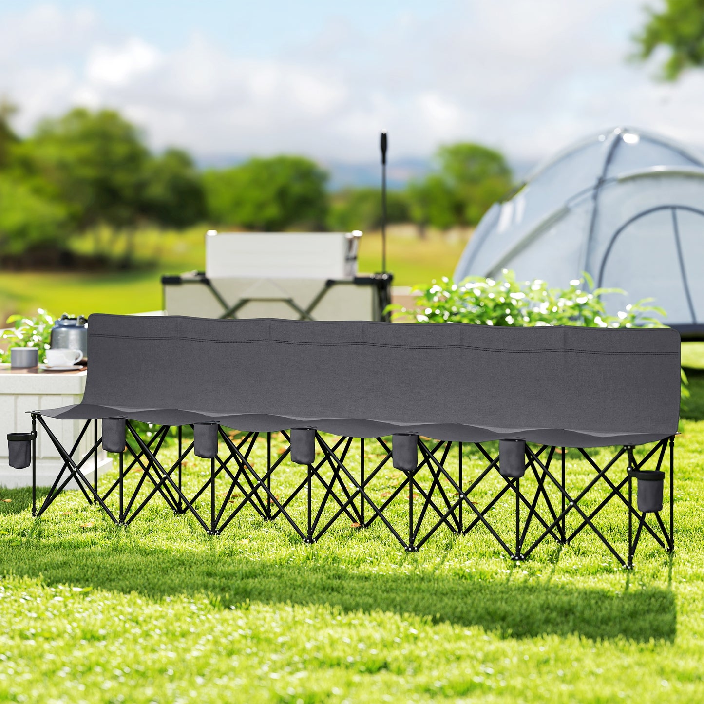 6-Seater Folding Camping Bench with Cup Holders & Carry Bag – Charcoal Grey