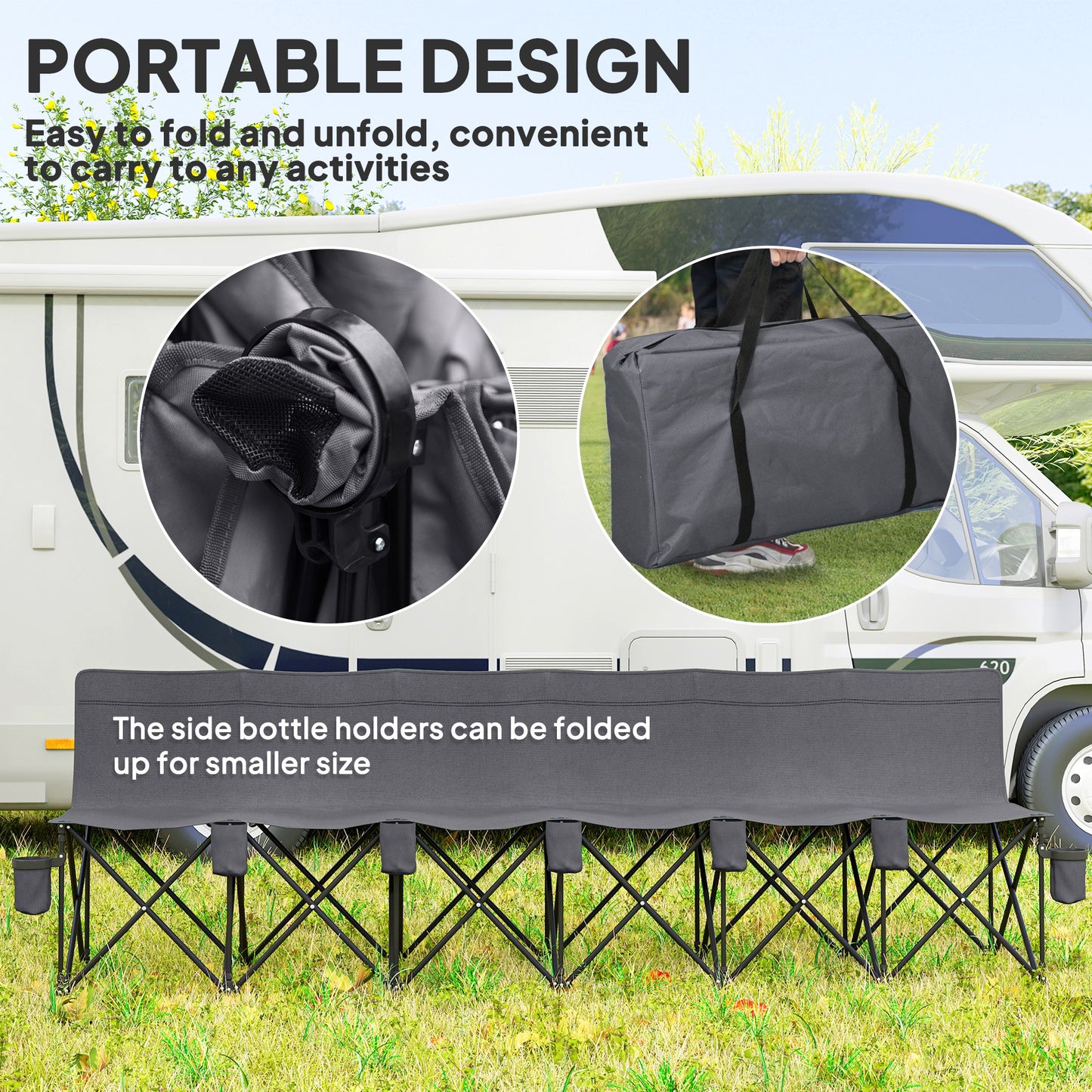 6-Seater Folding Camping Bench with Cup Holders & Carry Bag – Charcoal Grey