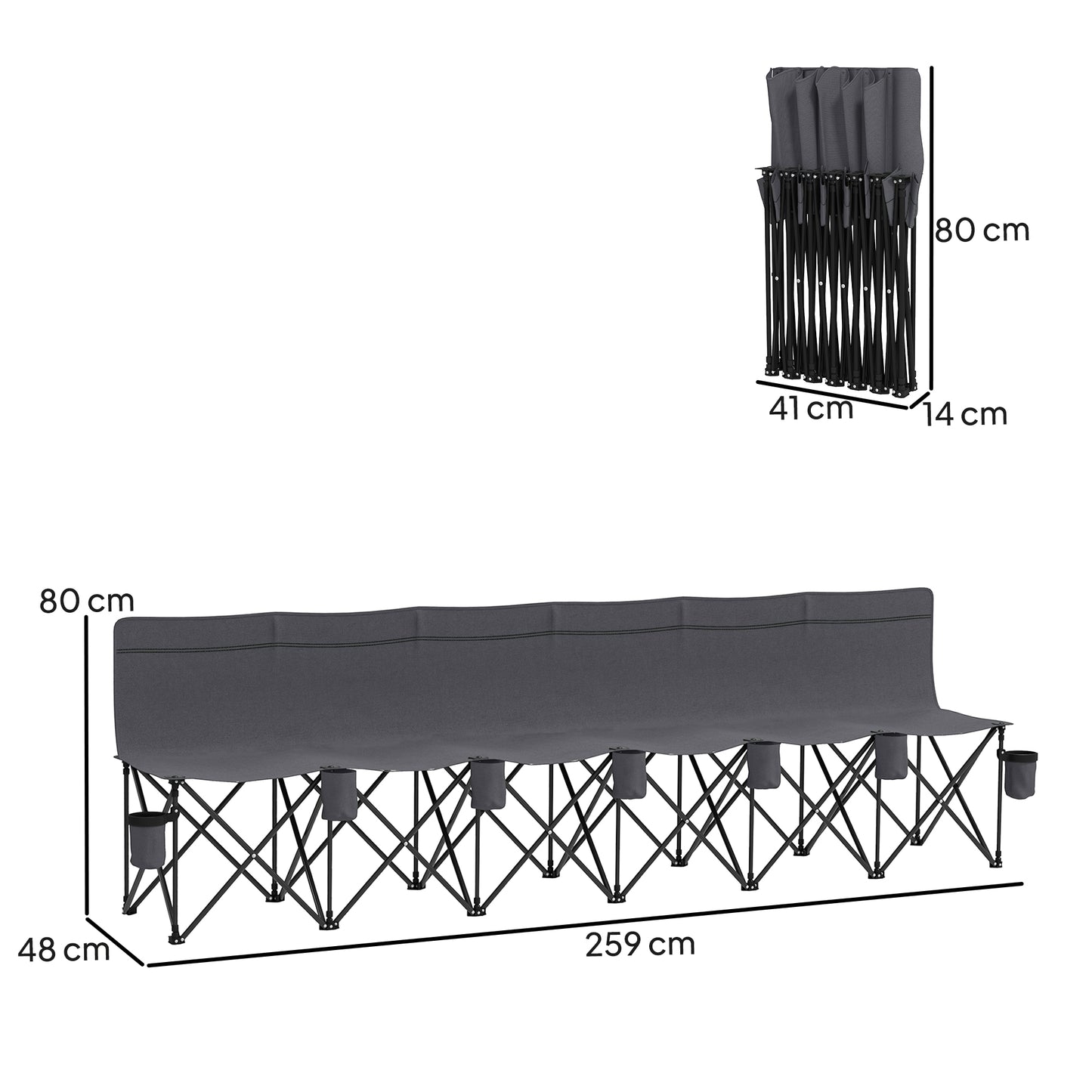 6-Seater Folding Camping Bench with Cup Holders & Carry Bag – Charcoal Grey