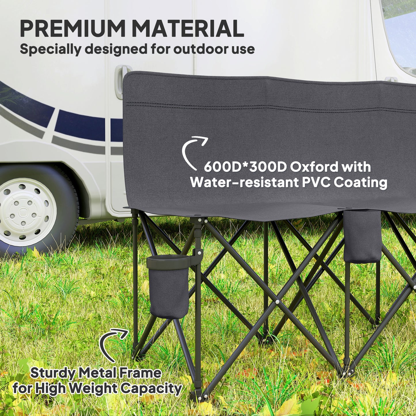 6-Seater Folding Camping Bench with Cup Holders & Carry Bag – Charcoal Grey