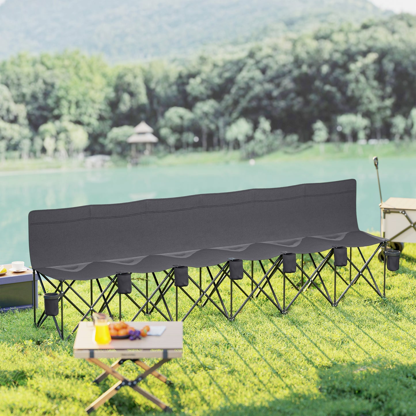6-Seater Folding Camping Bench with Cup Holders & Carry Bag – Charcoal Grey