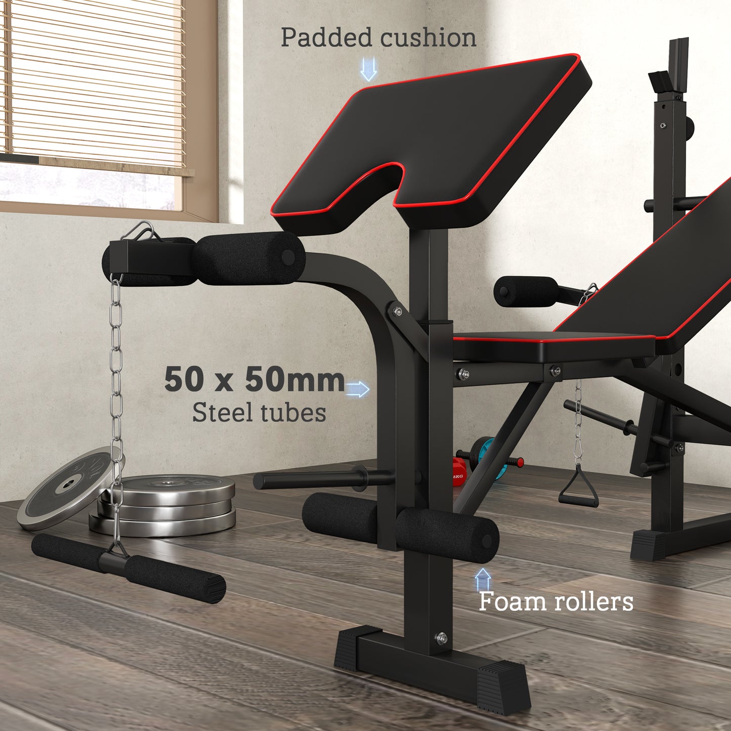 Folding Weight Bench with Barbell Rack and Preacher Curl Attachment