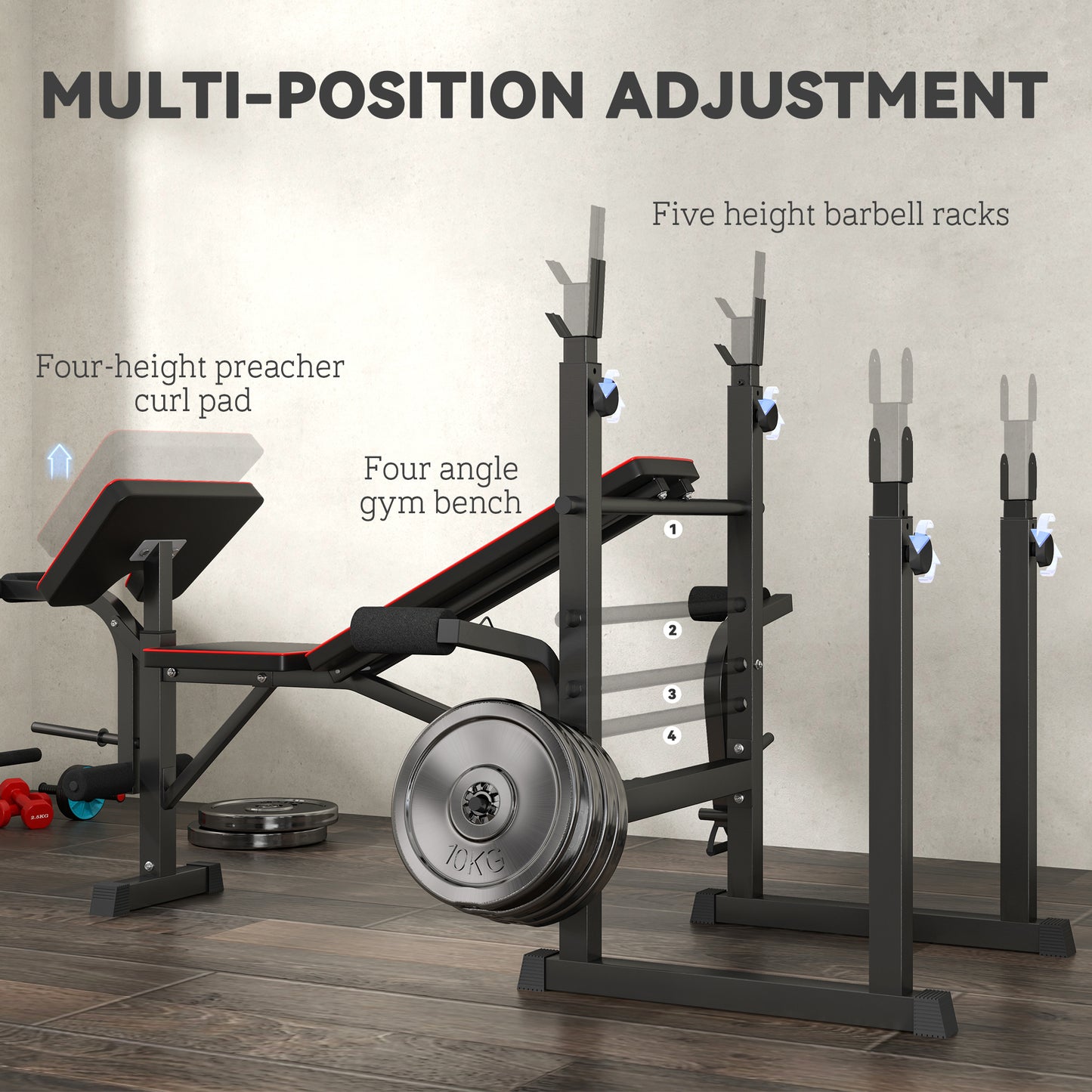 Folding Weight Bench with Barbell Rack and Preacher Curl Attachment