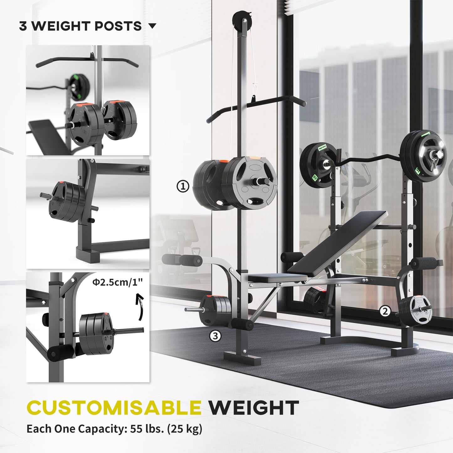 Multi-Exercise Adjustable Weight Bench with Bench Press Rack, Leg & Preacher Curl Attachments