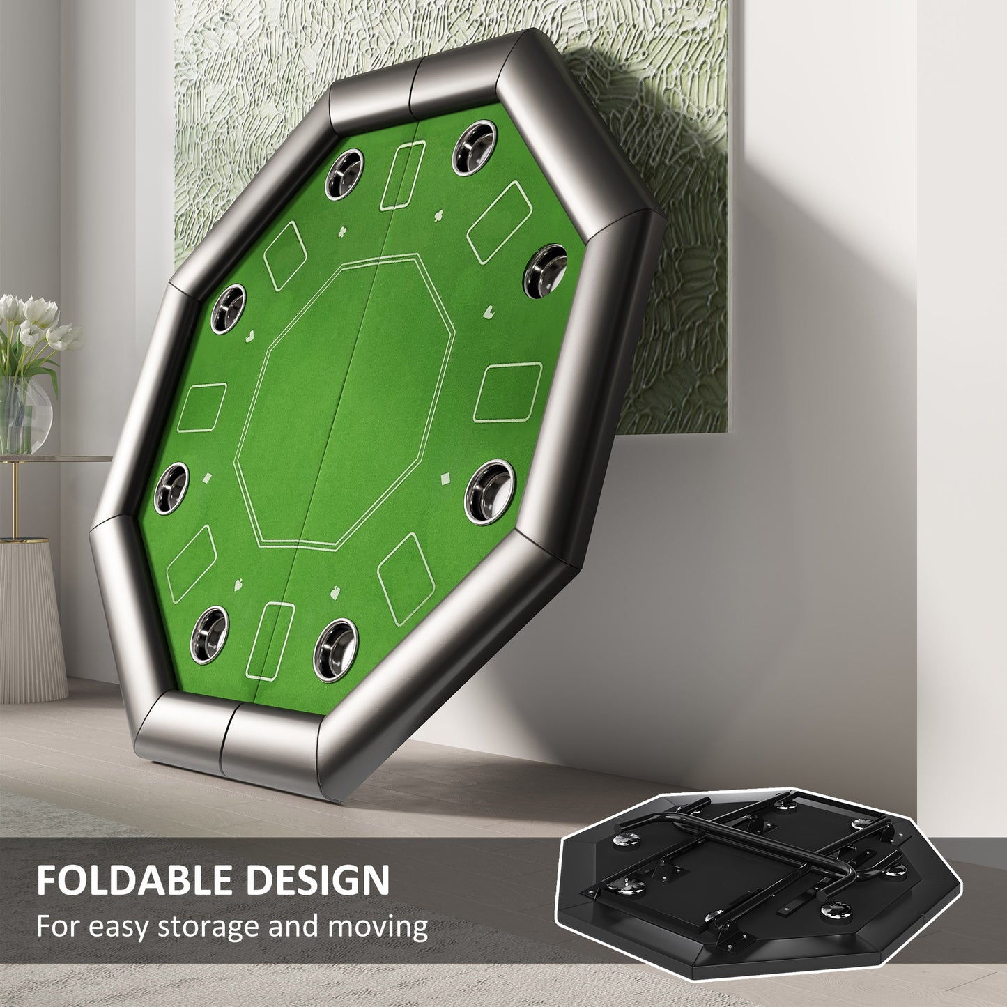 8-Player Foldable Poker Table with Cup Holders – Green