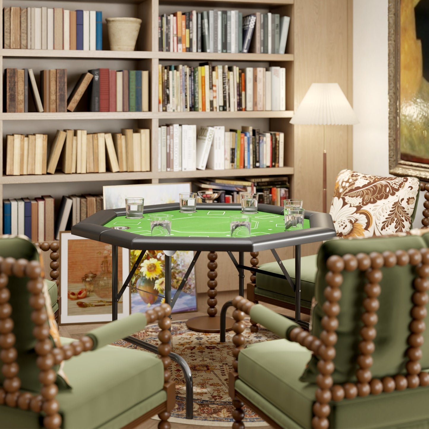 8-Player Foldable Poker Table with Cup Holders – Green