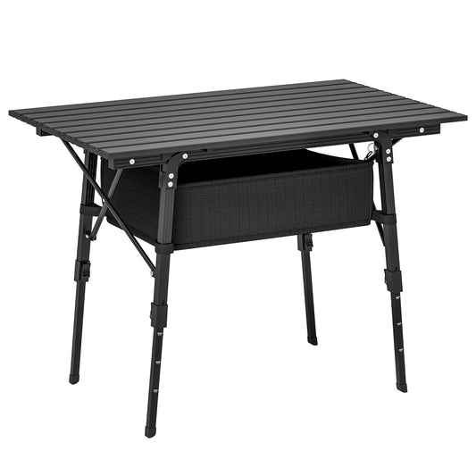 Outsunny Folding Camping Table with Adjustable Height & Detachable Storage Basket – Black