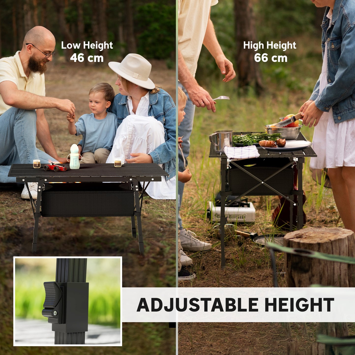 Outsunny Folding Camping Table with Adjustable Height & Detachable Storage Basket – Black