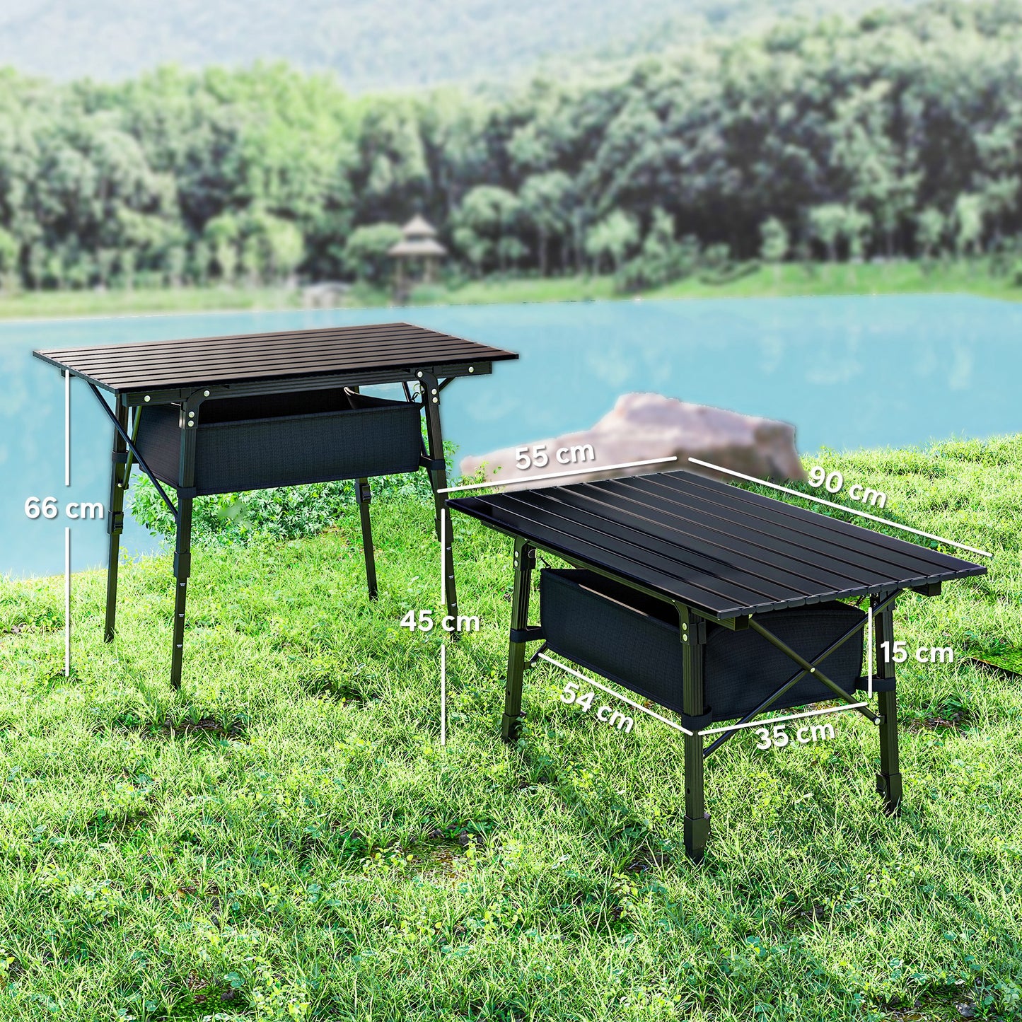 Outsunny Folding Camping Table with Adjustable Height & Detachable Storage Basket – Black