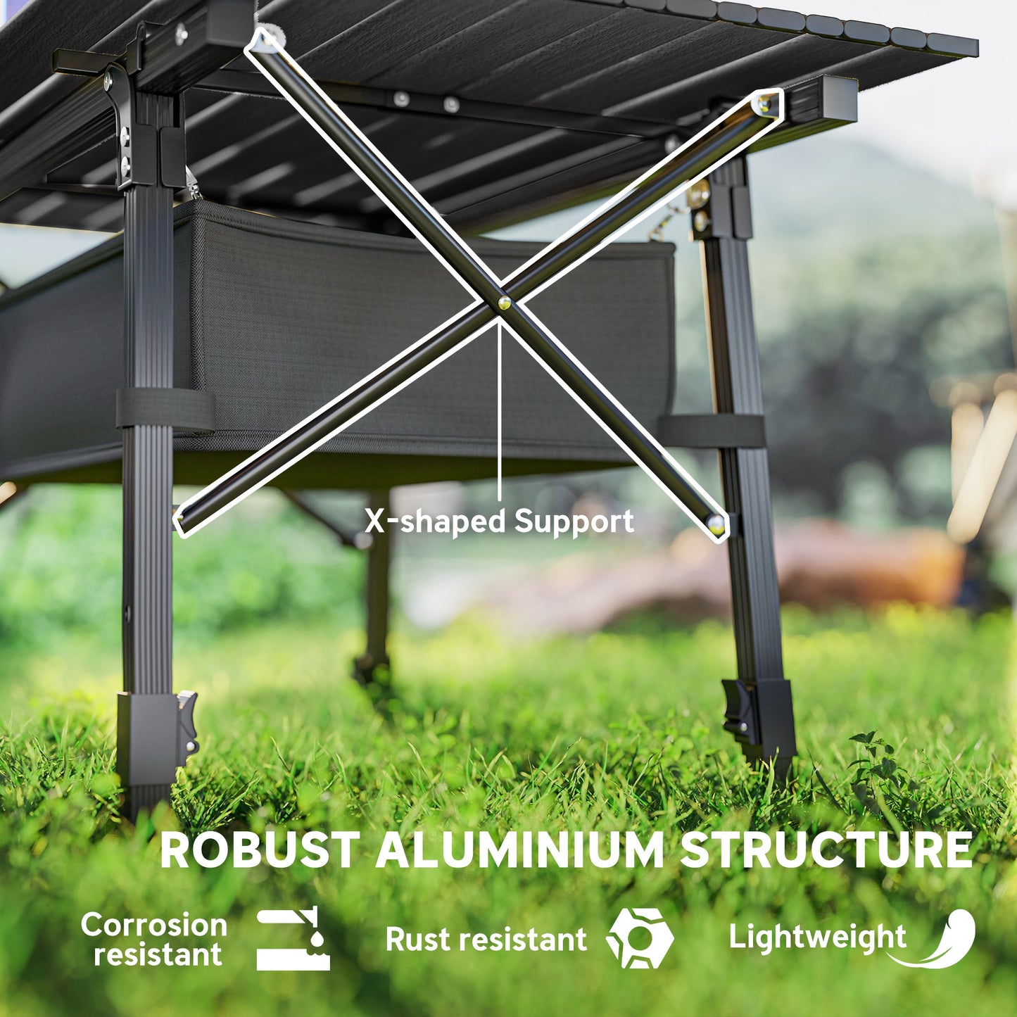 Outsunny Folding Camping Table with Adjustable Height & Detachable Storage Basket – Black