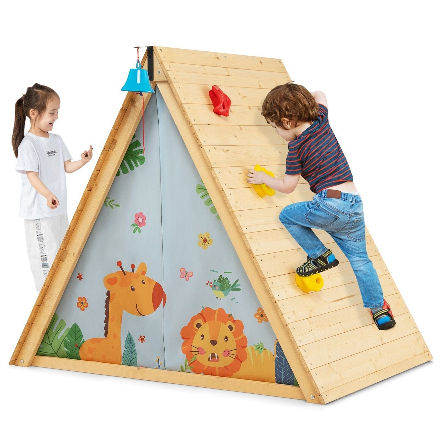 2-in-1 Wooden Kids Climbing Playhouse with Bell, Window & Curtains | Indoor & Outdoor Play Tent for Ages 3-8