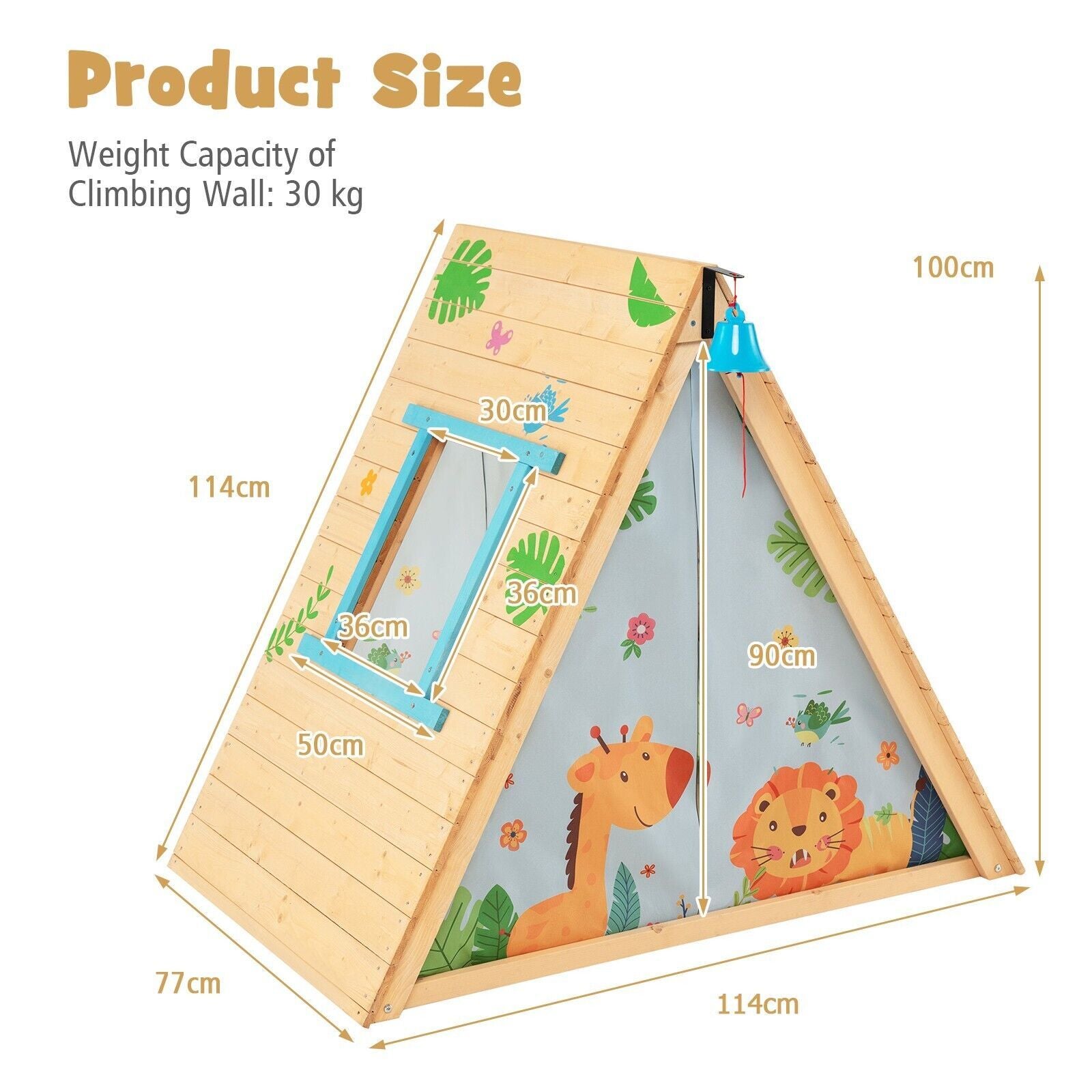 2-in-1 Wooden Kids Climbing Playhouse with Bell, Window & Curtains | Indoor & Outdoor Play Tent for Ages 3-8