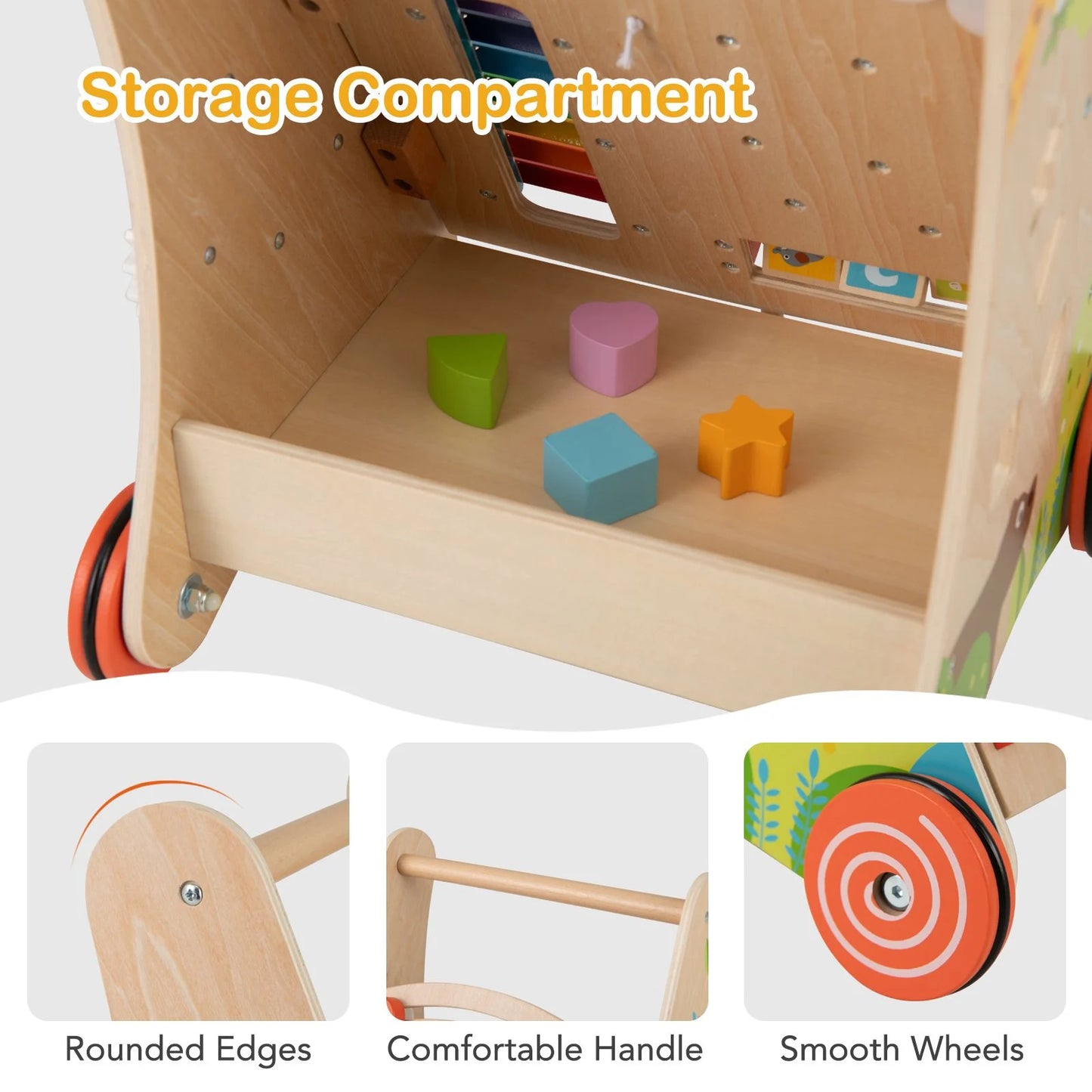 Wooden Baby Walker with Activity Center, Xylophone & Shape Sorters | Montessori Push Walker with Storage