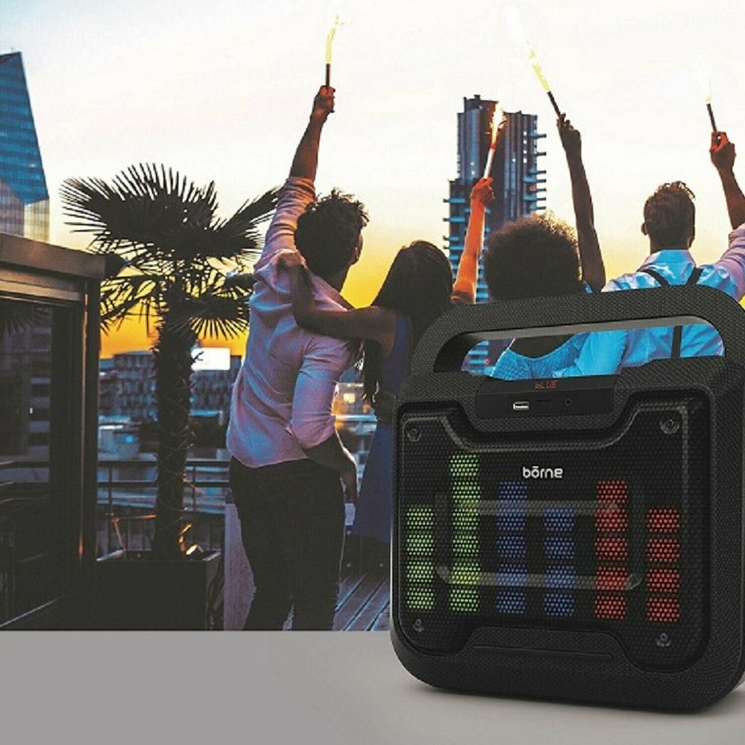 BORNE BTSPK48 Portable Bluetooth Speaker with LED Lights, USB/SD/Aux & Karaoke Function – Black