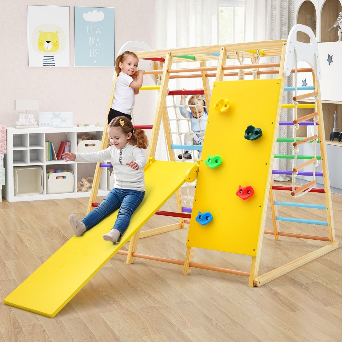 8-in-1 Wooden Jungle Gym Climber Playset with Slide, Swing & Monkey Bars | Indoor Kids Play Tower