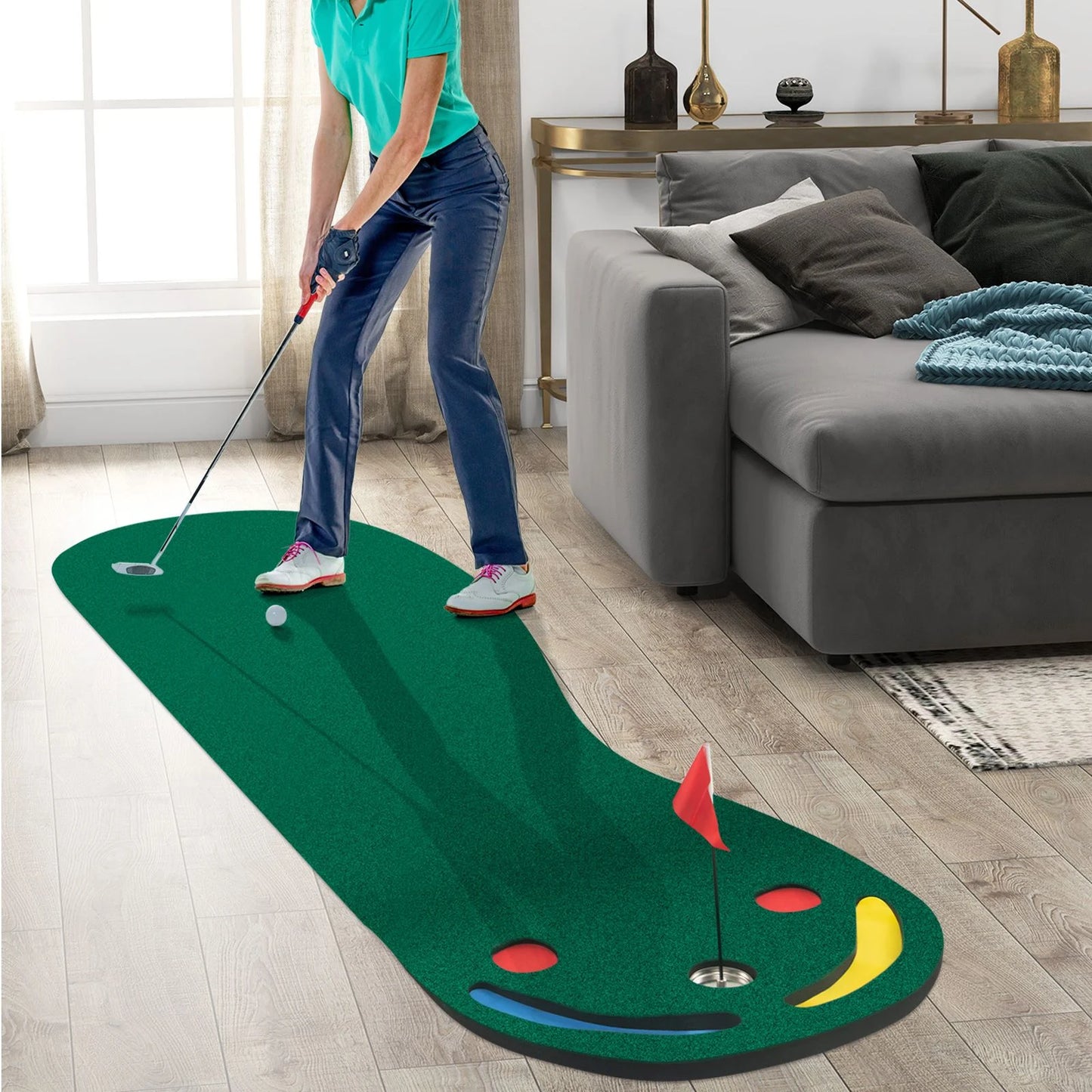 Professional Golf Putting Green Set with Three Cups, One Flag, and Hole Covers