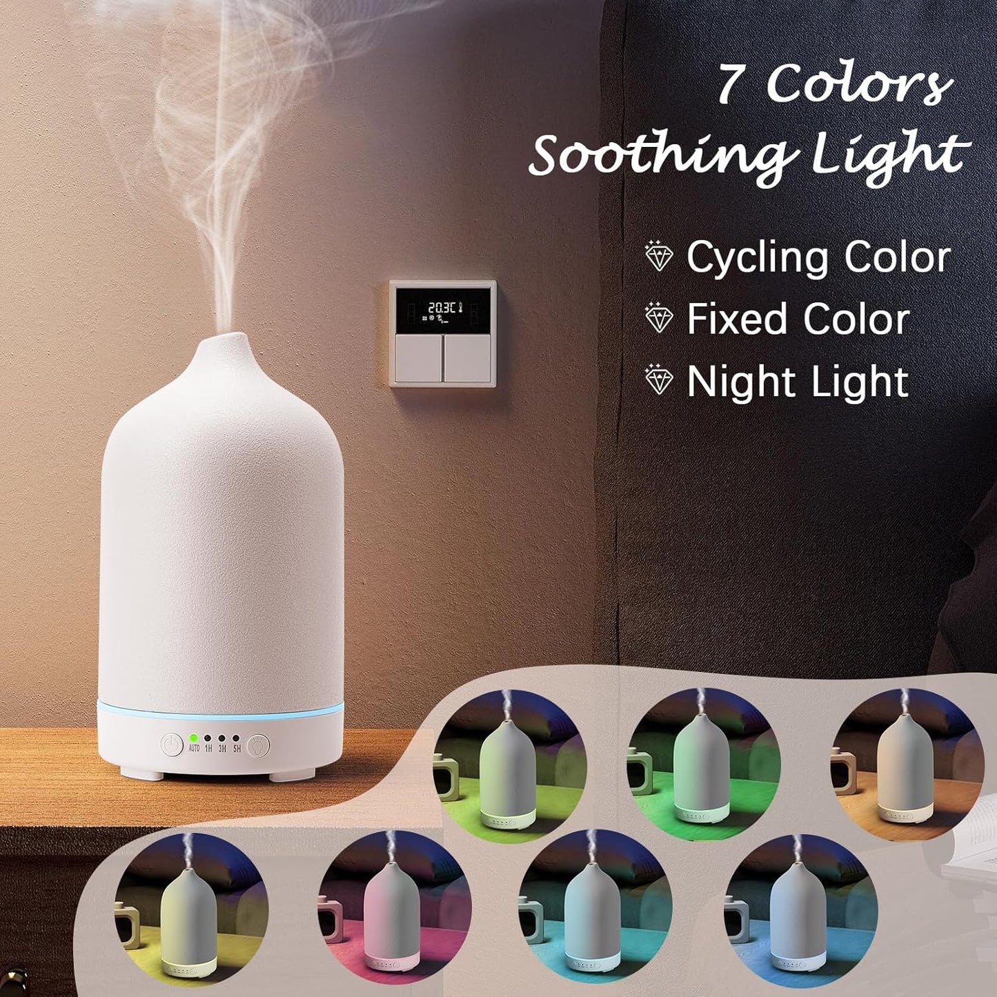 Ceramic Essential Oil Diffuser 250ml – Stone Aromatherapy Diffuser & Air Humidifier | Auto Shut-Off, Timer, 7-Colour Light | Quiet Home & Bedroom Decor (White)