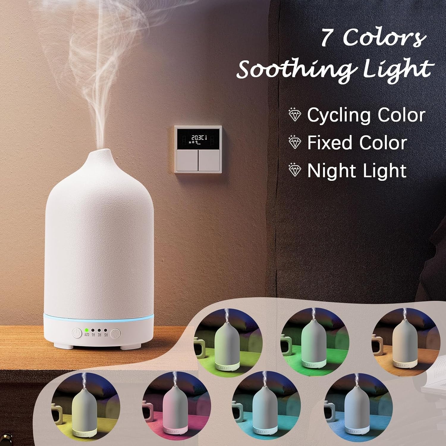 Ceramic Essential Oil Diffuser 250ml – Stone Aromatherapy Diffuser & Air Humidifier | Auto Shut-Off, Timer, 7-Colour Light | Quiet Home & Bedroom Decor (White)