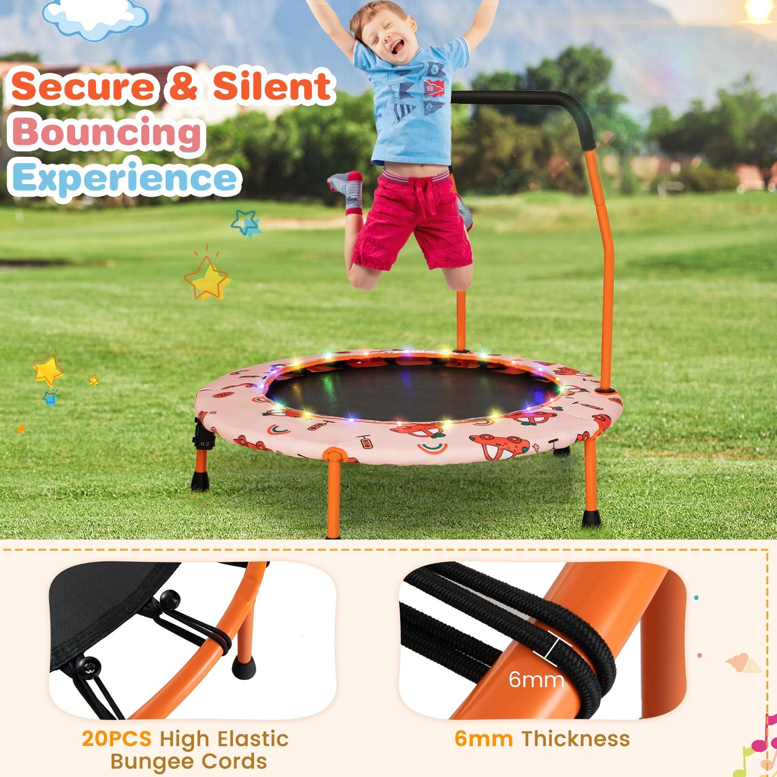 Children's Mini Trampoline with LED Lights and Safety Handle