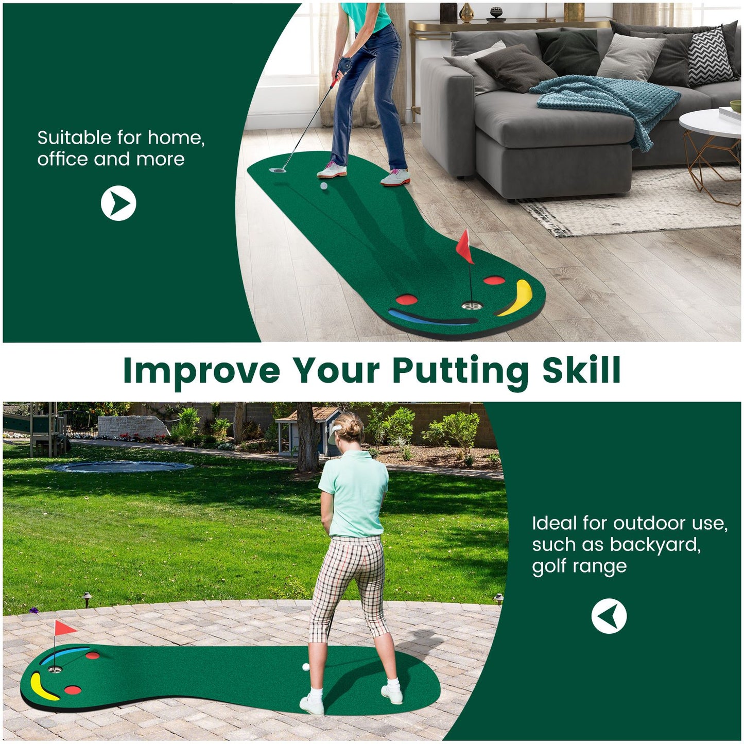 Professional Golf Putting Green Set with Three Cups, One Flag, and Hole Covers