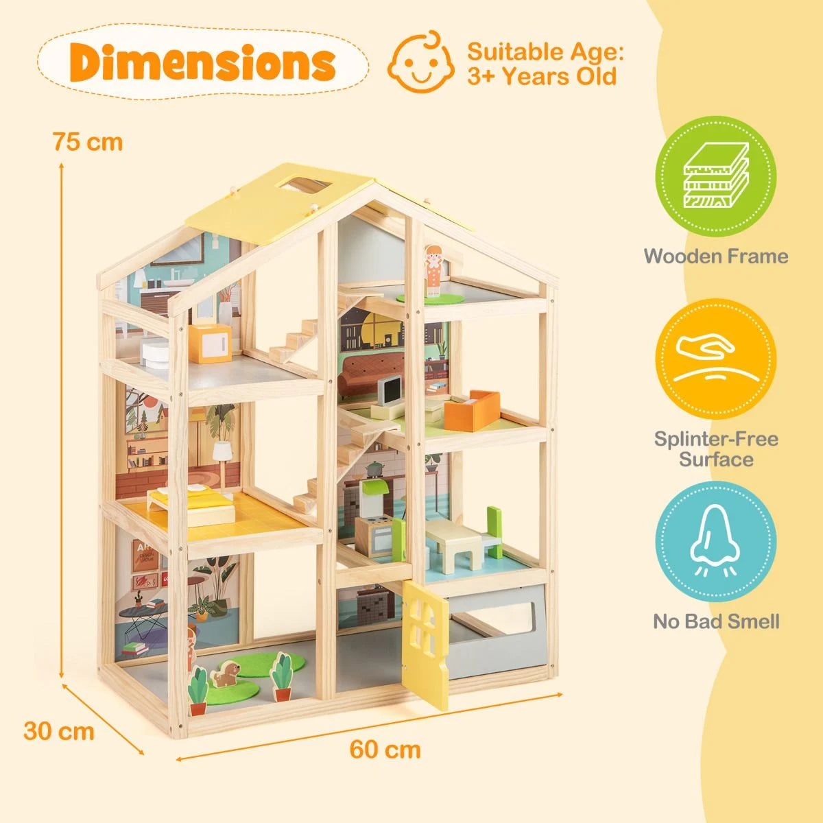 Kids Wooden Dollhouse with 7 Rooms, Figures & 18 Furniture Pieces | Pretend Play Toy for Ages 3+