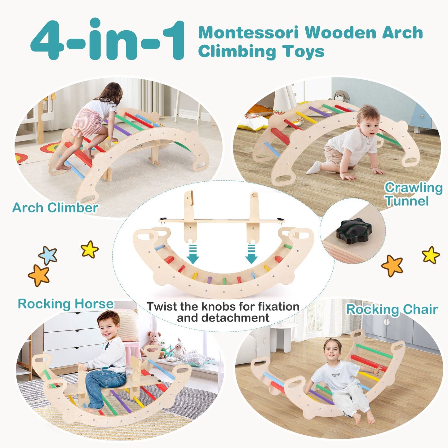 4-in-1 Montessori Wooden Rocking Horse & Climbing Arch for Toddlers | Balance Trainer, Rocker, Tunnel & Chair | Ages 1–5