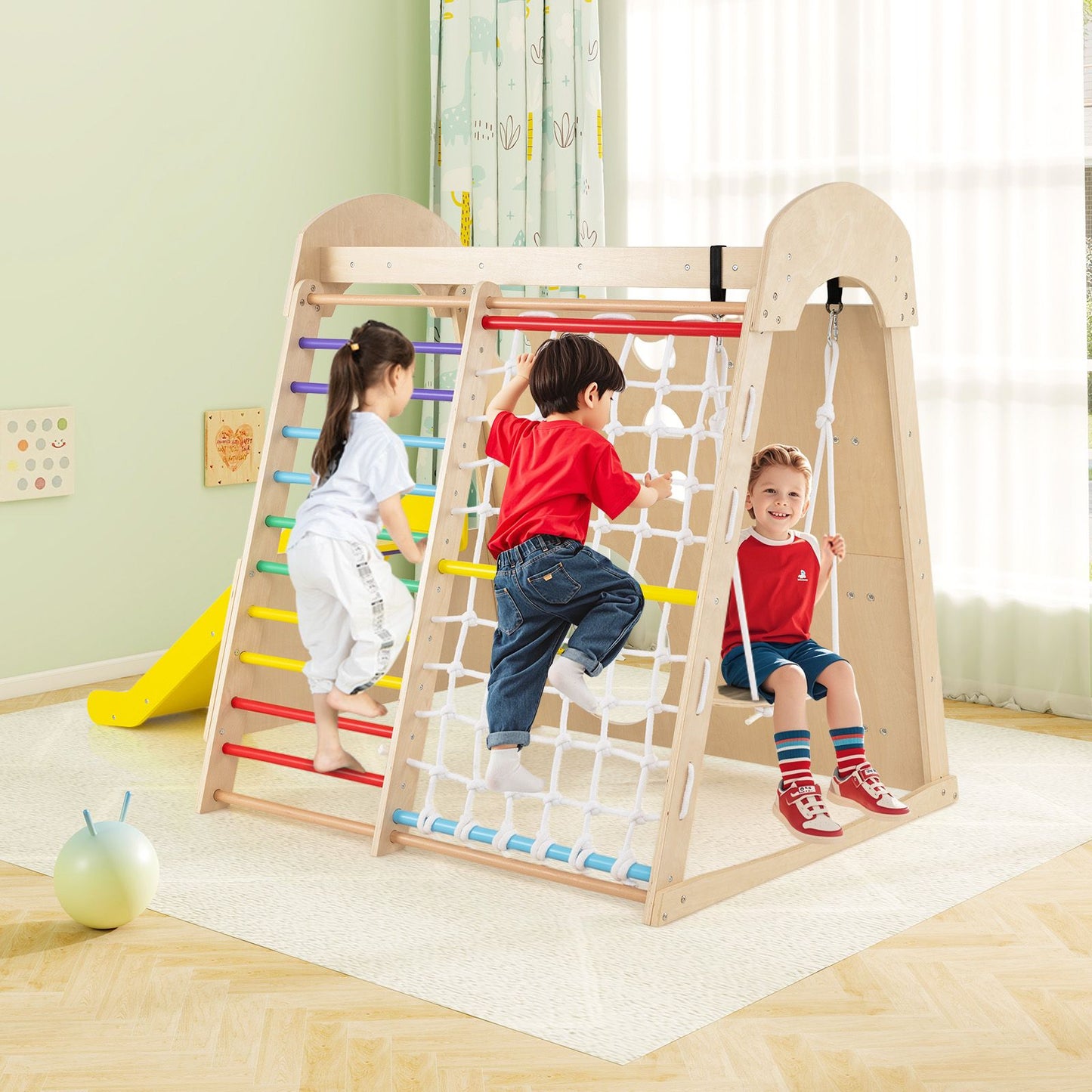 8-In-1 Indoor Jungle Gym Wooden Playground with Climbing Wall